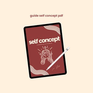 May include: A digital tablet displaying a guide to self-concept with the title "self concept" in bold white text on a red background. The guide is illustrated with a line drawing of a woman with stars above her head. The tablet is on a white background with a white stylus next to it.