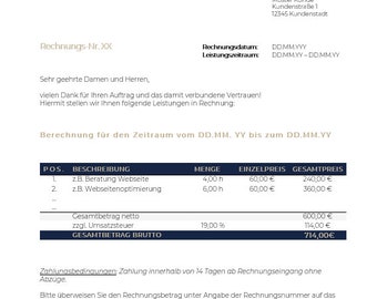 May include: Invoice with the title "RECHNUNG" and the text "Muster Name I Musterstrase 1 112345 Musterstadt". The invoice includes a table with the headings "POS.", "BESCHREIBUNG", "MENGE", "EINZELPREIS", and "GESAMTPREIS".