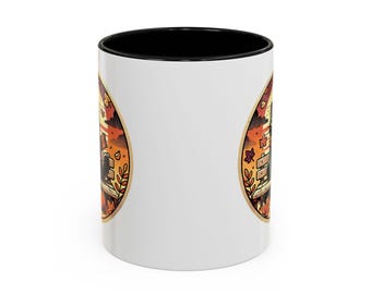 Schwarze Katze auf Bank im Herbst Tasse für Katzenliebhaber und Kaffee-Enthusiasten!