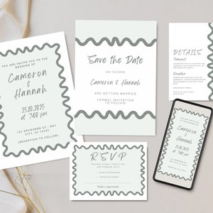 WEDDING INVITE SET, Wavy Wedding Invitation Template, Wavy border invitation, Modern wavy Wedding Invitation suite, Wavy Frame