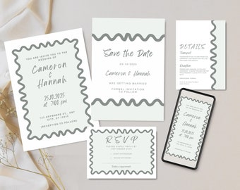 WEDDING INVITE SET, Wavy Wedding Invitation Template, Wavy border invitation, Modern wavy Wedding Invitation suite, Wavy Frame