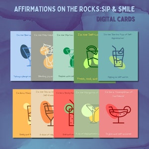 Cartes d'affirmation numériques Sip&Smile, imprimables, PDF/PNG, affirmations quotidiennes amusantes, affirmations positives, cocktails et cartes mémoire d'amour de soi