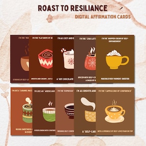 Roast to Resiliance digitale Affirmationskarten zum Ausdrucken, PDF- und PNG-Format, lustige tägliche Affirmationen, Kaffee- und Selbstliebe-Karteien