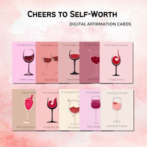 Cartes numériques d'affirmation de soi, imprimables, PDF/PNG, affirmations amusantes sur l'amour de soi, affirmations quotidiennes, cartes mémoire de l'heure du vin