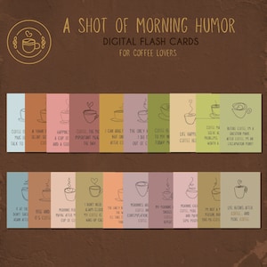 Zestaw cyfrowych kartek „A Shot of Morning Humor”, do wydrukowania, PNG/PDF/JPG, cytaty o porannej kawie, fiszki dla miłośników kawy i uzależnionych od kawy
