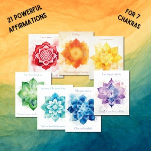 Puede incluir: Siete ilustraciones de mandalas coloridas con afirmaciones para cada uno de los siete chakras. Las afirmaciones son: Estoy en paz, Abrazo mi sensualidad y creatividad, Estoy empoderada, Estoy alineada con la energ&iacute;a del amor puro y la luz, Soy consciente del poder de mi visi&oacute;n interior, Traigo armon&iacute;a a todo lo que toco, y los uso para el bien mayor.