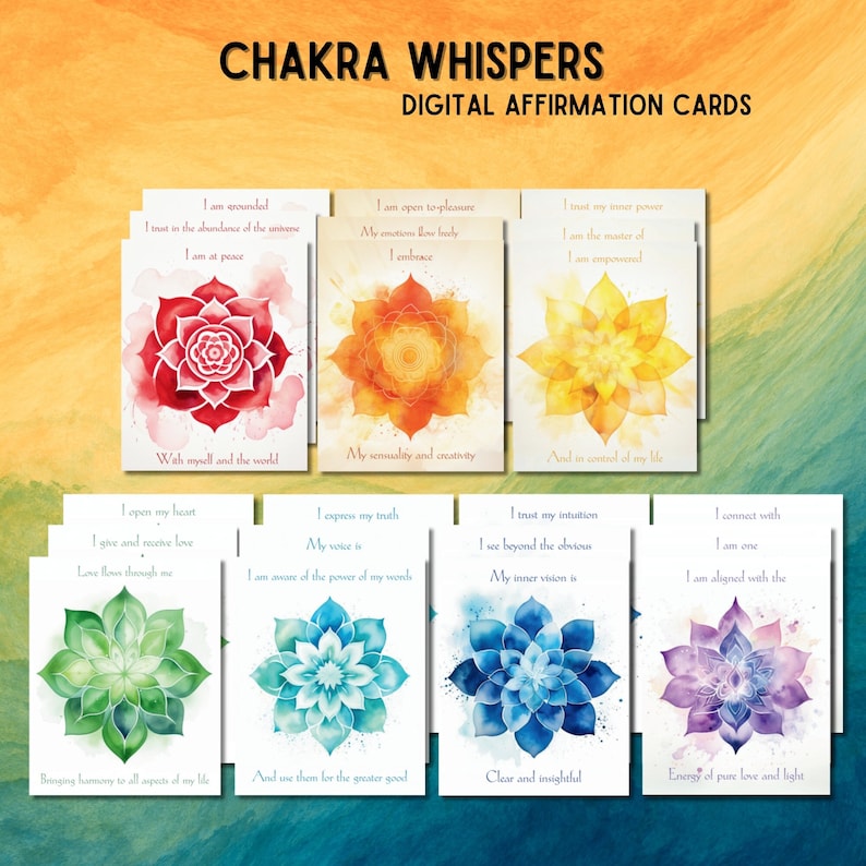 Puede incluir: Conjunto de 7 tarjetas de afirmaci&oacute;n digitales con ilustraciones de acuarela de chakras con afirmaciones correspondientes. Las tarjetas est&aacute;n dise&ntilde;adas para ayudarte a conectar con tu yo interior y promover la sanaci&oacute;n y el bienestar.