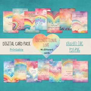 Carte/biglietti digitali con acquerelli "Unconditional Love", carte per diari spazzatura di San Valentino, pagina di progetto fai da te di San Valentino, flashcard con sfondo arcobaleno