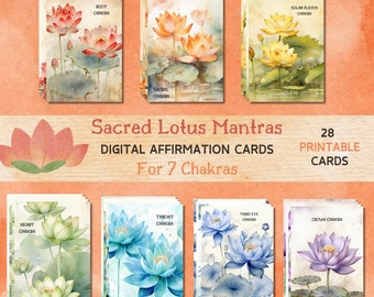 Sacred Lotus Mantras digital affirmation cards, lotus flower powerful affirmation cards, lotus background seven chakra healing flashcards