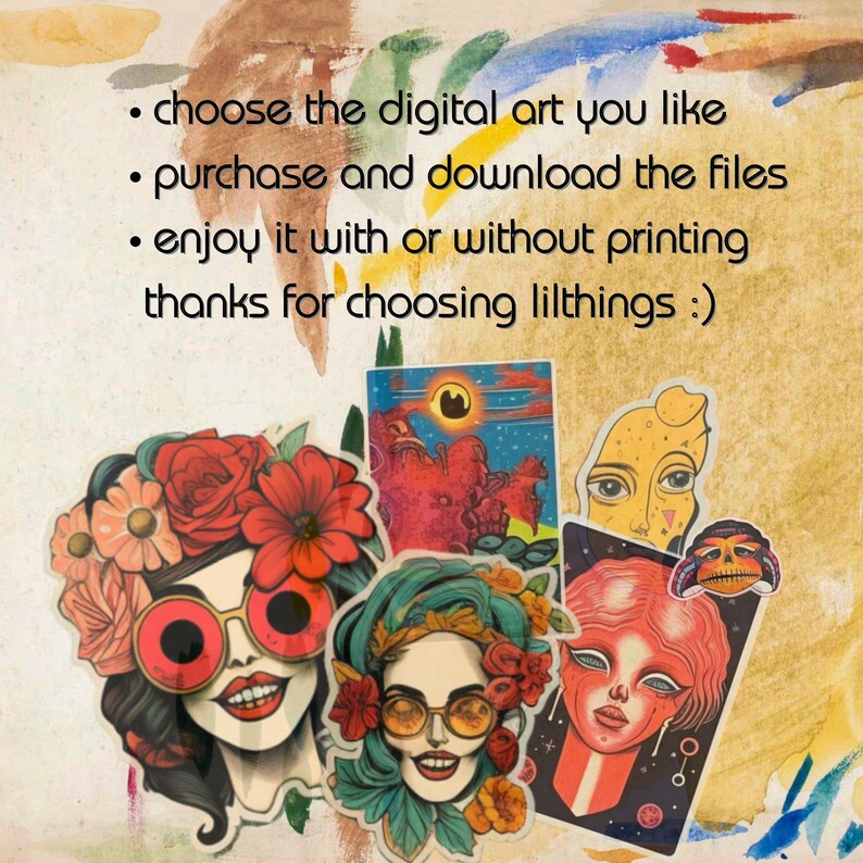 Puede incluir: Una colecci&oacute;n de impresiones de arte digital con ilustraciones coloridas de mujeres con flores y gafas de sol. El texto "choose the digital art you like, purchase and download the files, enjoy it with or without printing, thanks for choosing lilthings :)" es visible en la imagen.