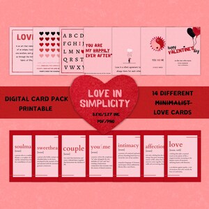Amore nella semplicità: carte/biglietti digitali, carte minimaliste per San Valentino, buon San Valentino, citazioni di San Valentino, flashcard con definizione di amore