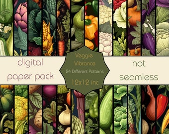 Papel digital Veggie Vibrance, páginas para diario de verduras, páginas para proyectos de bricolaje con verduras, 12x12 inc JPG, fondo de verduras, páginas de libro de cocina