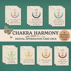 Cartões de afirmação digital Chakra Harmony, imprimíveis, PDF/JPG, afirmações positivas, limpeza de chakras, flashcards de equilíbrio de chakras