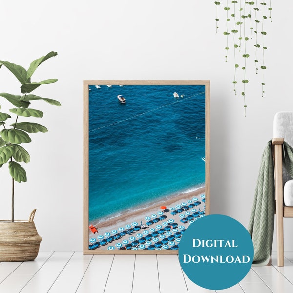 Amalfi Coast Print Instant Digital Download - Italy Photography for Coastal Wall Decor. Pebble Beach Print, Beach Umbrella Print, Positano.