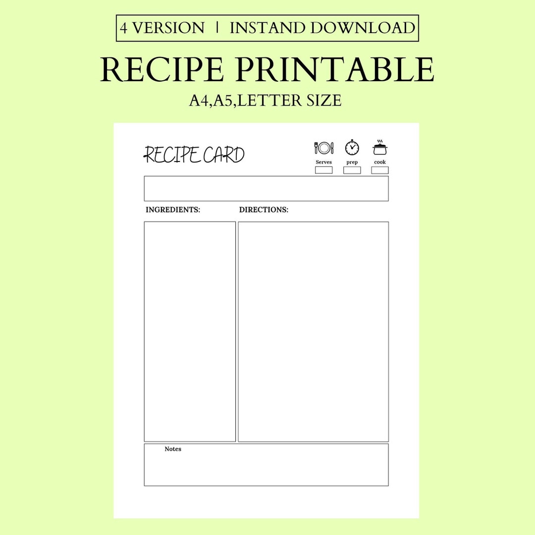 Recipe Template Printable, Recipe Book, Blank Recipe Page, Recipe Card