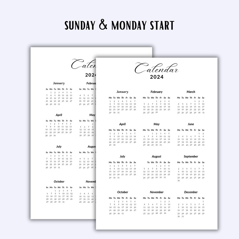 2024 Year Calendar With Holidays year at A Glance Calendar Etsy