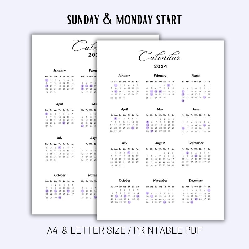 2024 Year Calendar With Holidays year at A Glance Calendar Etsy