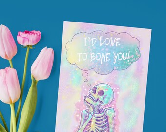 Rude, Cute, Funny Skeleton deep in thought "I'd Love to Bone You" Naughty Valentine's Day Car, Message for Him or Her, Iripleasant Range.