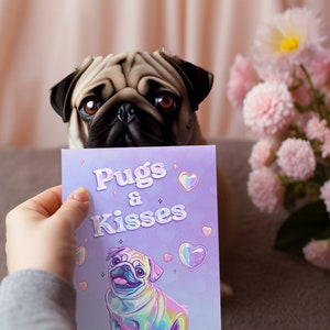 かわいくて面白い「パグとキス」バレンタインデー カード、Iripleasant レンジ、Y2K スタイル、ホログラム、犬好きの方へのギフト、バレンタインデー、彼または彼女へのプレゼント