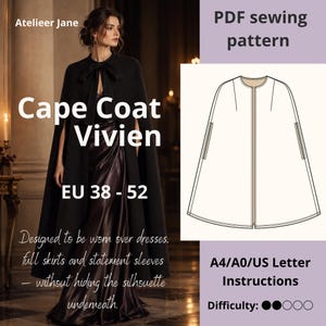 May include: A PDF sewing pattern for the Cape Coat Vivien, sizes EU 38-52. The image displays a black cape coat with a front tie closure, a technical line drawing of the cape, and text indicating A4, A0, and US Letter instructions are included.