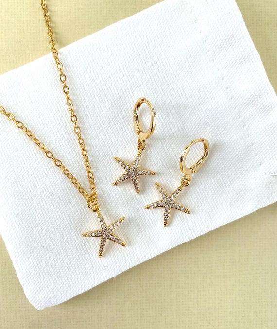 Starfish Necklace Earrings Set 18K Gold Plated Cubic Zirconia Ocean Jewelry Dainty Beach Accessories Summer Gift mothers day trendy cute