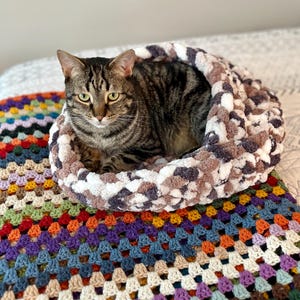 Puede incluir: Un gato atigrado descansando en una cama de gato de crochet marrón y blanco. La cama está sobre una manta de crochet de colores.