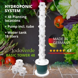 Könnte beinhalten: Weißes hydroponisches Turmsystem mit 48 Pflanzstellen, einer Pumpe und einem 18-Liter-Wassertank. Der Turm ist mit "todoverde BASIC TOWER 48" beschriftet. Das Bild zeigt auch eine deutsche Flagge mit dem Text "MADE IN GERMANY" und eine 4,8-Sterne-Bewertung.