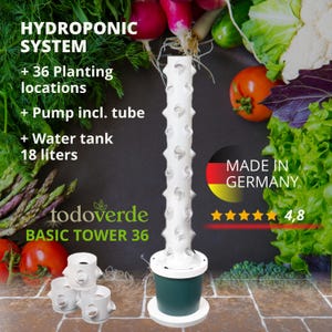Hydroponic system, plant tower with 36 planting places and automatic irrigation for indoor and outdoor, manufactured in 3D printing