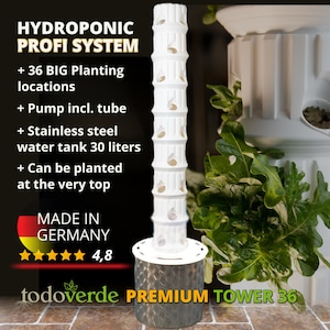 Hydroponic professional system, tower with 36 large planting spaces and automatic irrigation for indoor and outdoor use, manufactured in 3D printing
