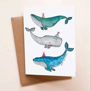 Festive Whales - Greeting Card - Birthday - Watercolor Illustration - Small Art Print - A6