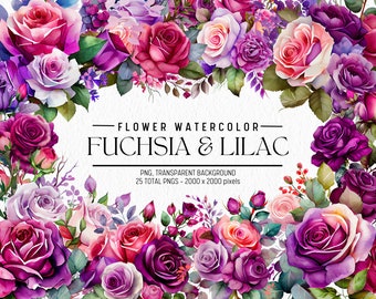 Watercolor Flower Clipart: Fuchsia & Lilac Floral PNG Bundle (Commercial Use)