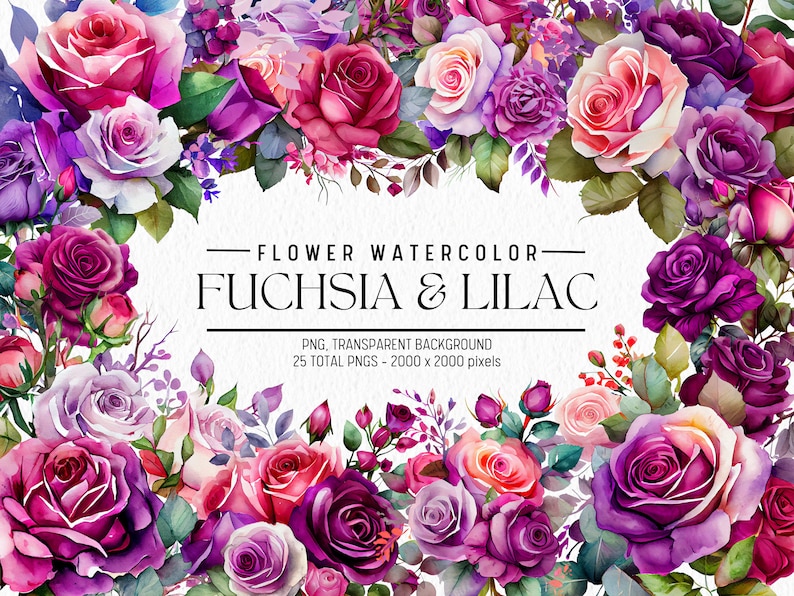 Watercolor Flower Clipart: Fuchsia & Lilac Floral PNG Bundle ...