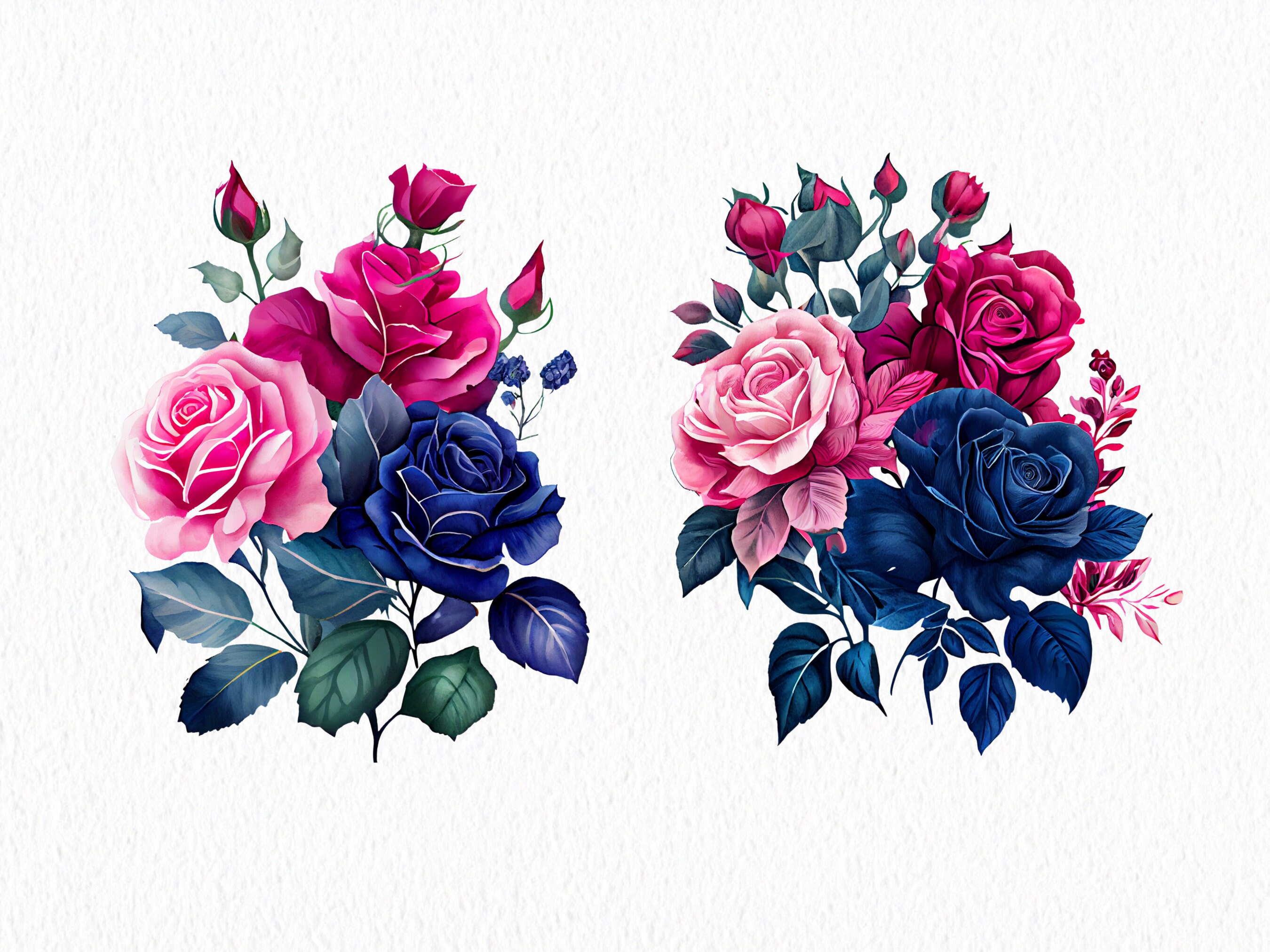 Watercolor Flower Clipart: Pink & Navy Floral PNG Bundle (commercial ...