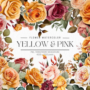 Aquarel bloem clipart, gele en roze bloemen bundel illustraties, commercieel gebruik, digitale png, bloemsierkunst, bloemen png
