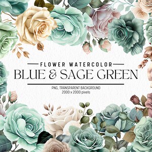 Watercolor Flower Clipart, Blue and Green Flowers Bundle Illustrations, Commercial use, Digital Png, Floral Clip Art, Flowers PNG
