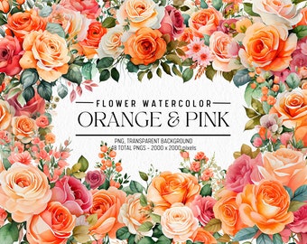 Watercolor Flower Clipart: Orange & Pink Floral PNG Bundle (Commercial Use)