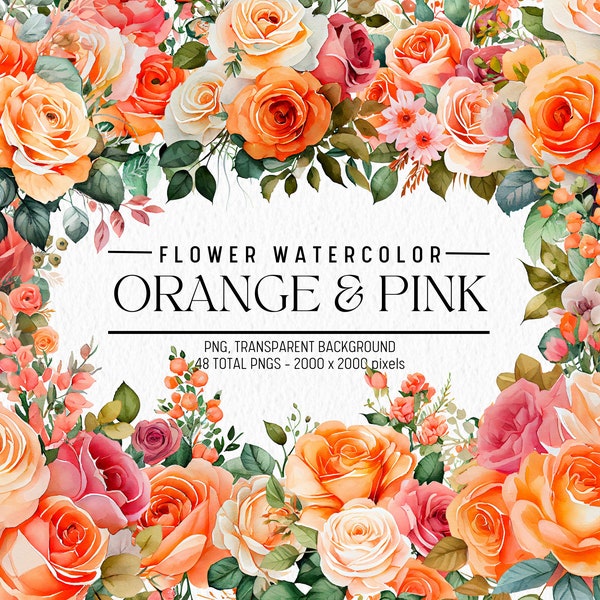 Watercolor Flower Clipart, Orange & Pink Flowers Bundle Illustrations, Commercial use, Digital PNG, Floral Clip Art, Flowers PNG