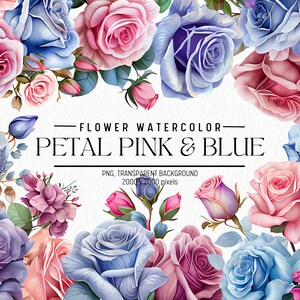 Watercolor Flower Clipart, Petal Pink and Blue Flowers Bundle Illustrations, Commercial use, Digital Png, Floral Clip Art, Flowers PNG