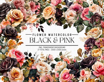 Watercolor Flower Clipart: Black, Pink & Gold Floral PNG Bundle