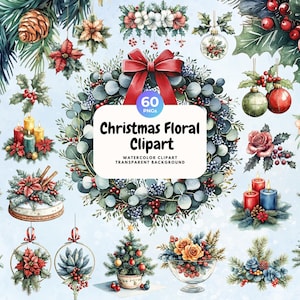 Christmas Floral Watercolor Clipart, PNG, Cute Christmas, Christmas Floral Clipart, Digital PNG, Transparent Background, Commercial Use