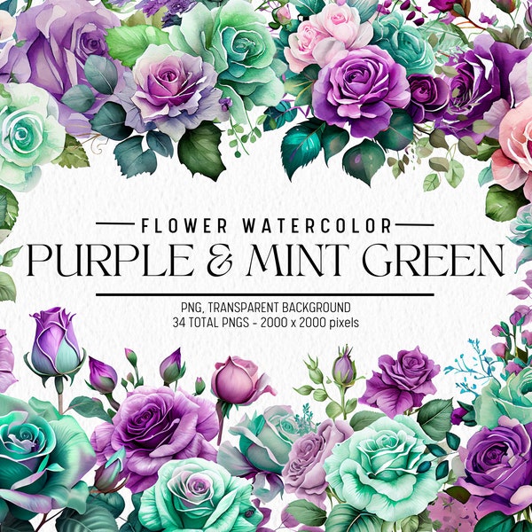 Watercolor Flower Clipart, Purple and Mint Green Flowers Bundle Illustrations, Commercial use, Digital PNG, Floral Clip Art, Flowers PNG