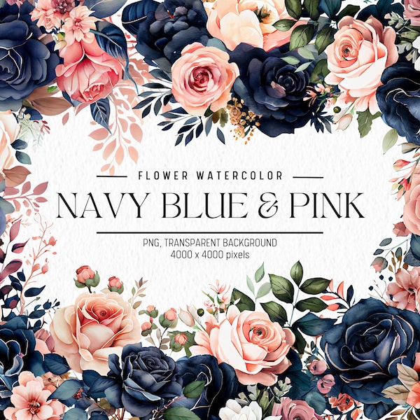 Watercolor Flower Clipart, Navy Blue & Pink Roses Flowers Bundle Illustrations, Commercial use, Digital Png, Floral Clip Art, Flowers PNG