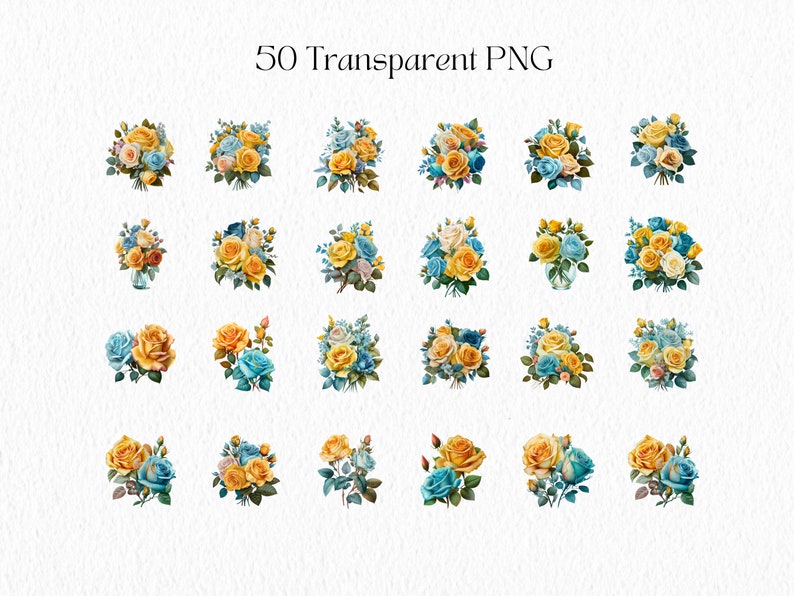 Watercolor Flower Clipart: Yellow & Blue Floral PNG Bundle (commercial ...