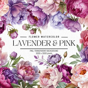 Watercolor Flower Clipart, Lavender & Pink Flowers Bundle Illustrations, Commercial use, Digital Png, Floral Clip Art, Flowers PNG