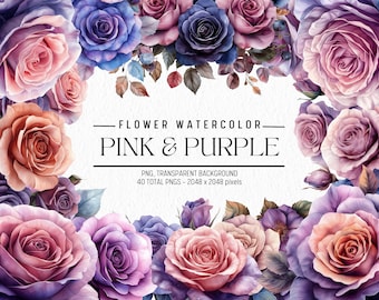 Watercolor Flower Clipart: Pink & Purple Floral PNG Bundle (40 Files)