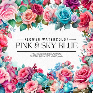 Watercolor Flower Clipart, Pink and Sky Blue Flowers Bundle Illustrations, Commercial use, Digital PNG, Floral Clip Art, Flowers PNG