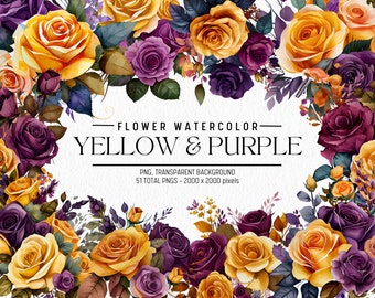 Aquarel bloem clipart: gele en paarse bloemen png-bundel (commercieel gebruik)