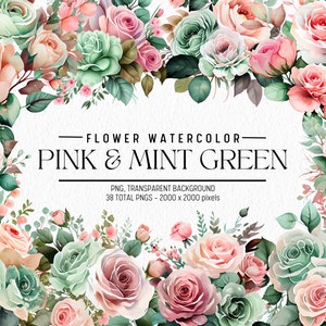 Watercolor Flower Clipart, Pink and Mint Green Flowers Bundle Illustrations, Commercial use, Digital PNG, Floral Clip Art, Flowers PNG