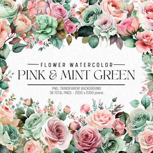 Watercolor Flower Clipart, Pink and Mint Green Flowers Bundle Illustrations, Commercial use, Digital PNG, Floral Clip Art, Flowers PNG