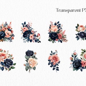 Watercolor Flower Clipart: Navy Blue & Pink Roses (PNG Digital Download ...